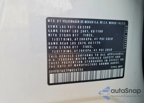 2023 Volkswagen Tiguan S z USA, uszkodzony, nr VIN 3VVFB7AX7PM024734